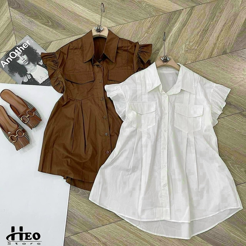 Áo sơ mi cách điệu cánh tiên xếp ly ngực / Áo babydoll cánh tiên 3 màu Cốm Nâu Trắng sz SM 38-54kg