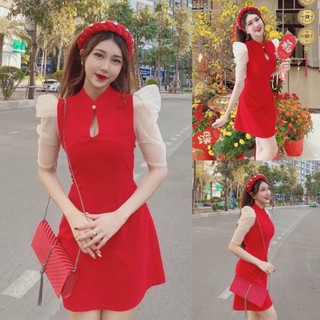 Váy Đầm Nữ Cổ Tàu Phối Tay Voan Tông Màu Đỏ Nổi Bật Thiết Kế Sang Chảnh Đi Làm Công Sở, Dạ Hội Và Du Lịch Cực Xinh Đẹp
