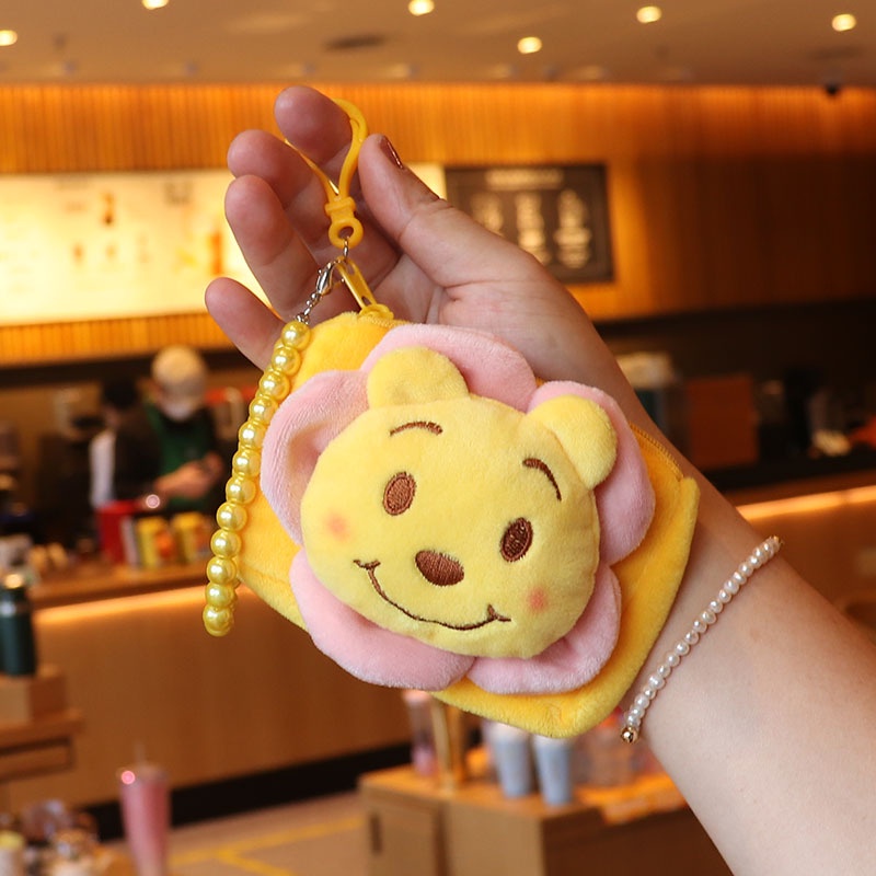 Ví Đựng Tiền Xu Bằng Vải Bông Đính Ngọc Trai / Gấu Pooh Màu Kẹo Ngọt Phối Dây Xích Dễ Thương