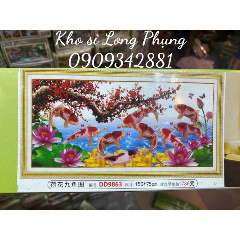 Tranh đính đá Cửu ngư quần hội, Tranh Cá Chép Cành Đào D9862 120x60 cm,D9863 150*75 cm