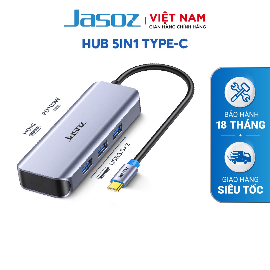 HUB Type-C 5 trong 1 USB3.0 *3 + HDMI + PD100W JASOZ H109 - Hàng chính hãng - Bảo hành 18 tháng.