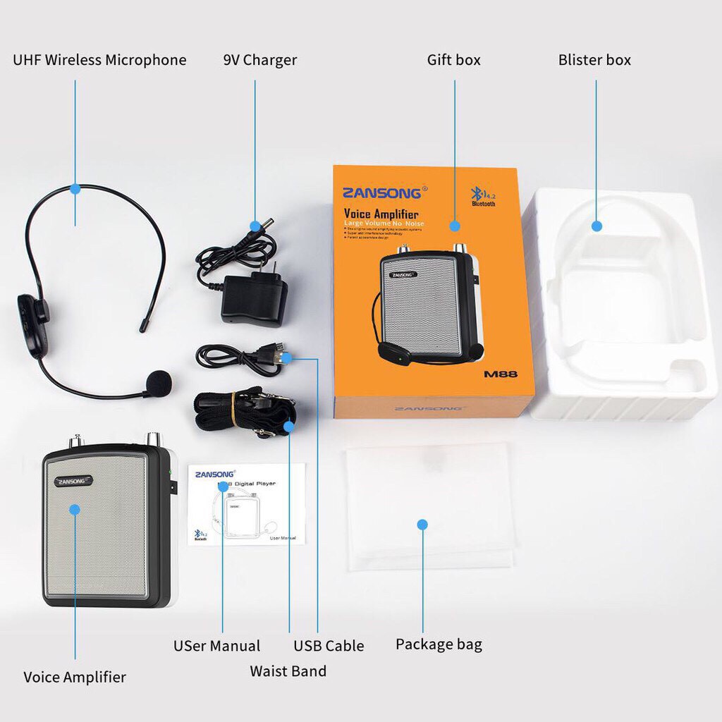 Máy trợ giảng bluetooth Zansong M88 tặng mic có dây mic không dây củ sạc