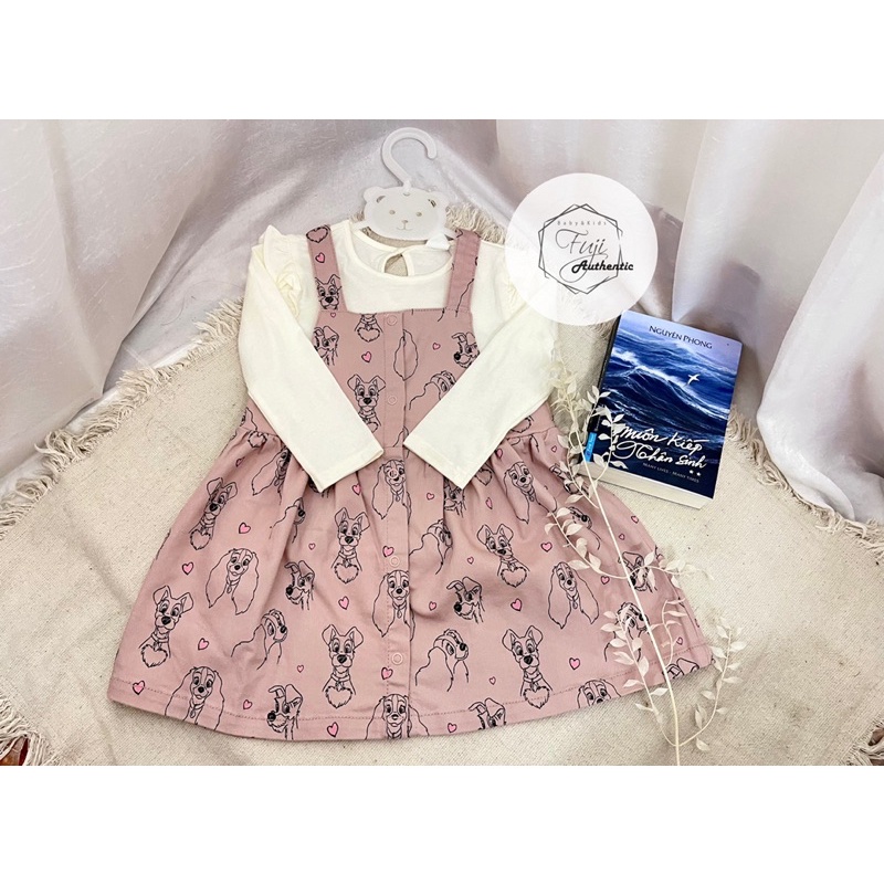 Bộ váy HM bé gái váy yếm kèm áo thun trắng hồng minnie auth