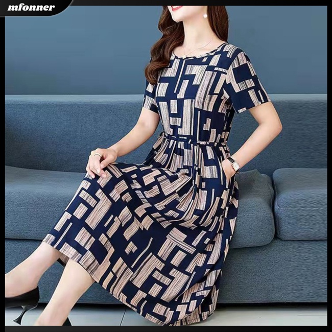 Đầm Midi Tay Ngắn Cổ Tròn Dáng Rộng In Họa Tiết Độc Đáo Thời Trang Mùa Hè Xinh Xắn Cho Nữ