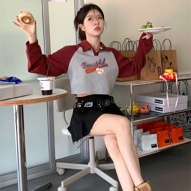 IELGY  Áo Croptop Tay Dài In Chữ Thời Trang Dành Cho Nữ