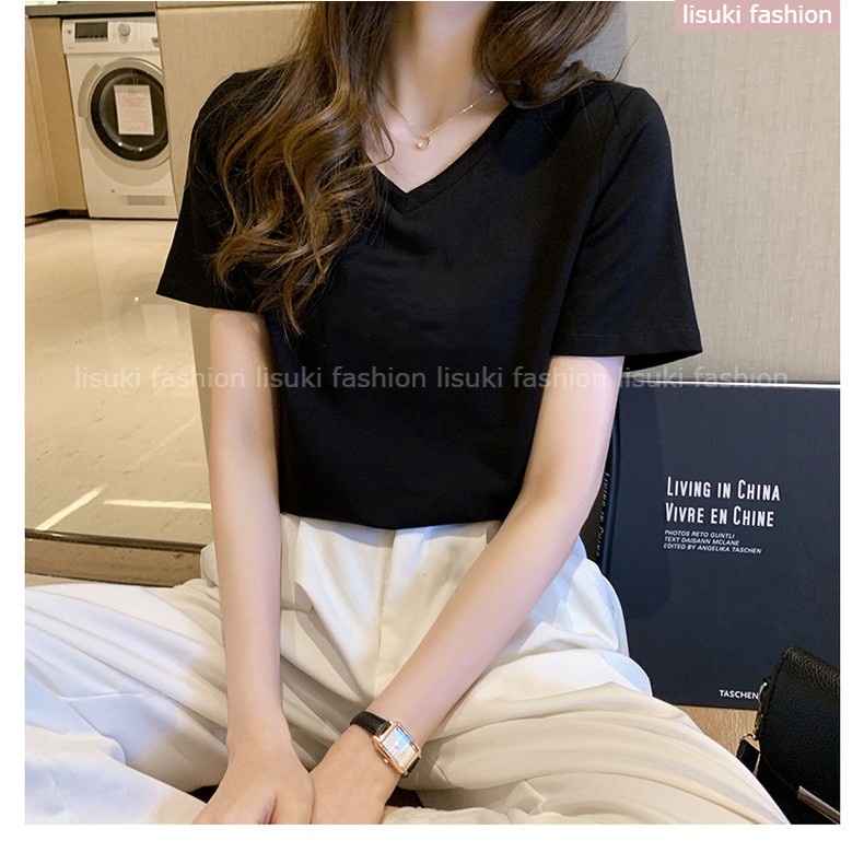 Áo phông nữ trơn cổ tim ngắn tay dáng suông cotton basic đẹp trắng cao cấp, áo thun nữ cổ chữ V cộc tay đen