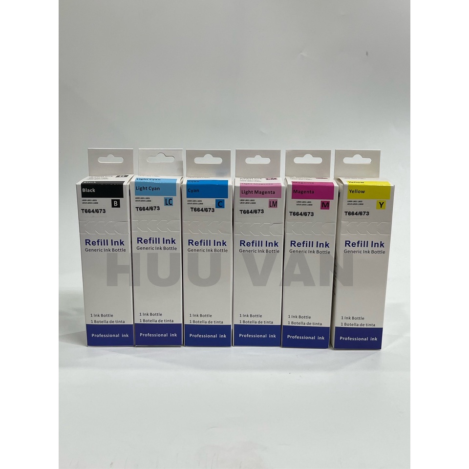 Mực in phun T664 BK/C/Y/M/LC/LM dùng cho máy Epson L100, L110,L120, L200, L210,L220, L300,L310, L350, L355, L365