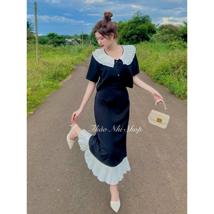 Set croptop đen cổ trắng dập ly chân váy midi đuôi cá viền bèo mẫu thảo nhi shop