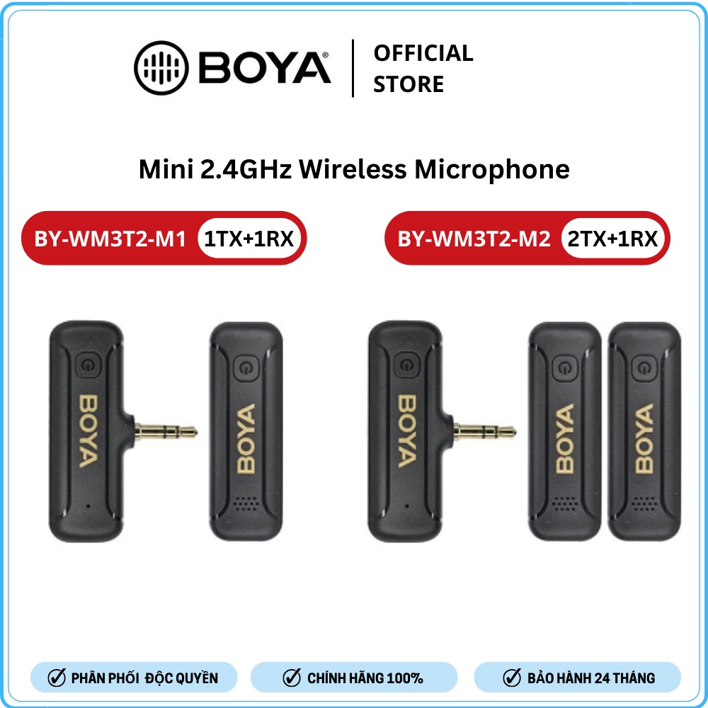 BOYA BY-WM3T2-M1 và BY-WM3T2-M2 - Mic Thu Âm Không Dây Mini 2.4GHz Cổng 3.5mm TRS Dành Cho Máy Ảnh - Hàng Chính Hãng