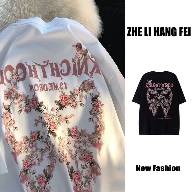 Áo thun ZHELIHANGFEI tay ngắn dáng rộng in hình hoa hồng/ nơ dễ phối đồ