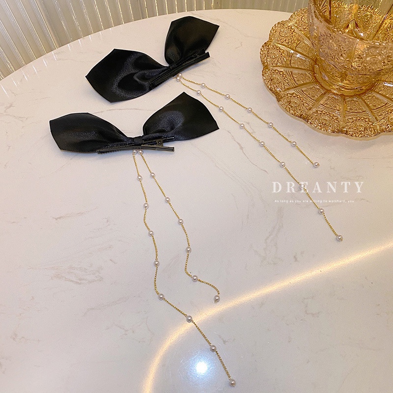 Kẹp Tóc Mỏ Vịt Đính Nơ Dài Và Ngọc Trai Bằng Vải Nỉ Đơn Giản Độc Đáo Phong Cách Hàn Quốc