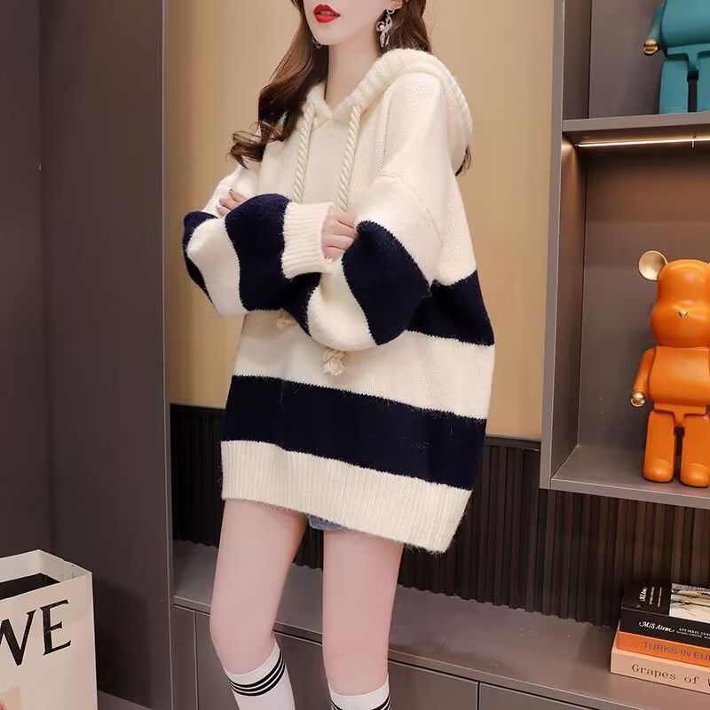 Áo Hoodie Dệt Kim Dáng Rộng Họa Tiết Kẻ Sọc Phong Cách Phương Tây Thời Trang