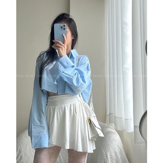 Sơ mi xanh dài tay form lửng - Váy thun trắng eo dây rút