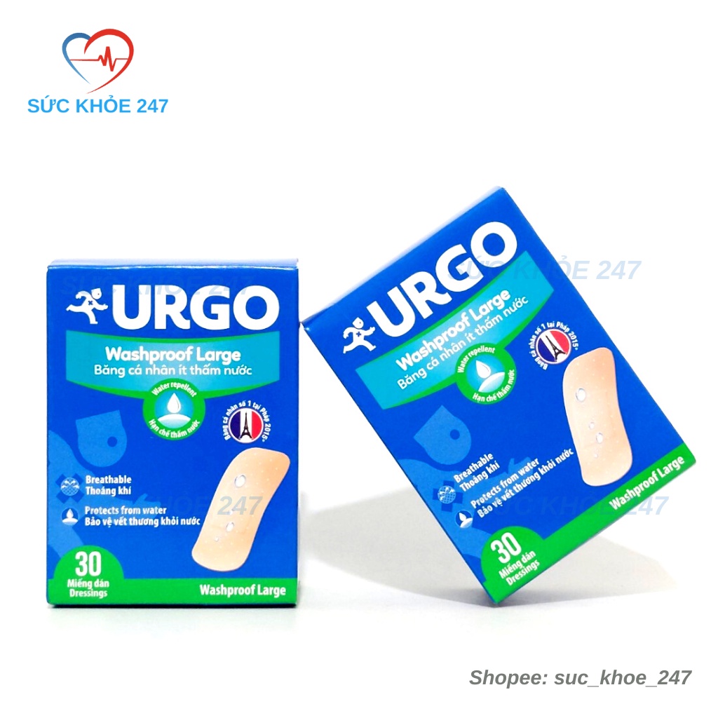 URGO Bản Lớn 30 Miếng/Hộp - Băng Cá Nhân URGO, Ít Thấm Nước, Nhiều Lỗ Thoát Khí Nhỏ, Giúp Da Thông Thoáng