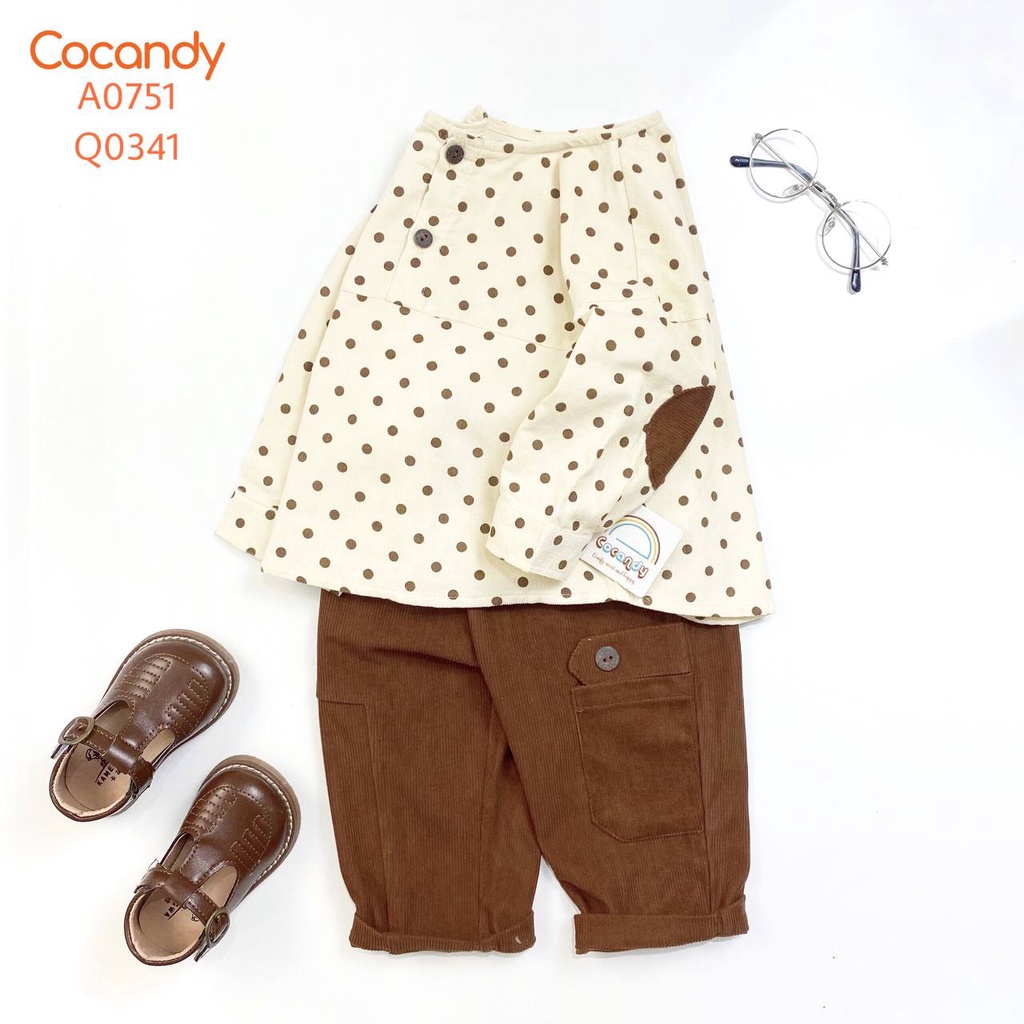 Set đồ cho bé -Áo dài nhung BE chấm bi cổ tròn và Quần dài nhung NÂU túi ống cho bé của COCANDY mã A0751,Q0341