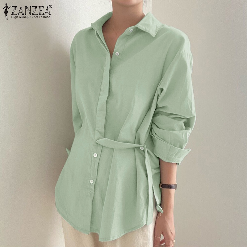 Áo sơ mi nữ ZANZEA tay dài cổ bẻ màu trơn đơn giản thời trang