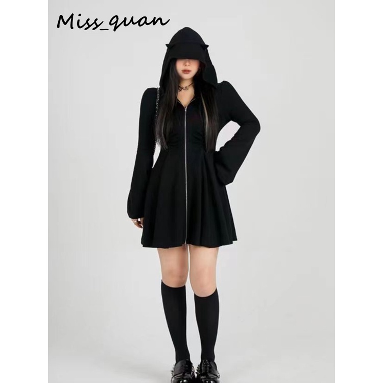 Đầm Ngắn Dáng Rộng Tay Dài Màu Đen Có Khóa Kéo Phối Tai Mèo Phong Cách Gothic Đường Phố Vintage Mùa Thu Cho Nữ