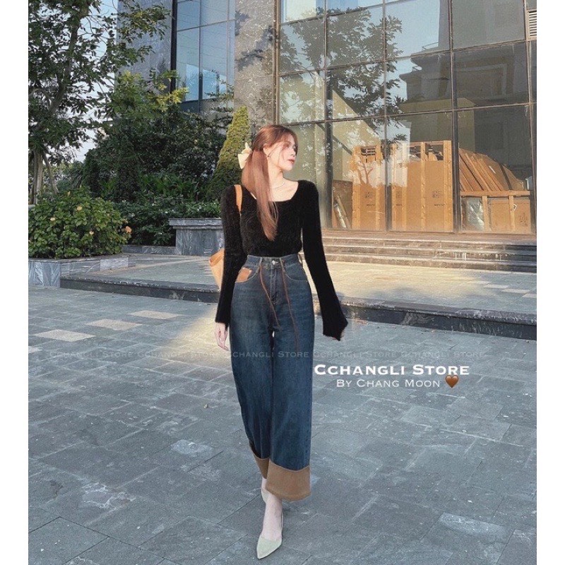 Quần bò jeans cạp cao vắn gấu phối màu nâu  QJ01