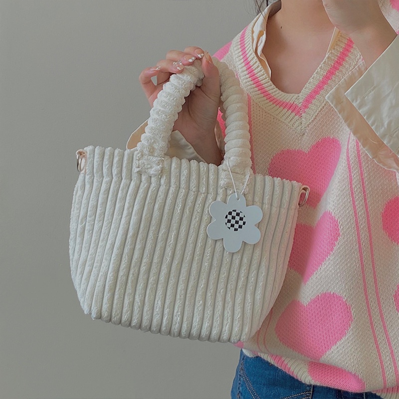 Túi Xách Tote Vải Nhung Phối Lông Màu Xanh Dương Phong Cách Hàn Quốc Dễ Thương