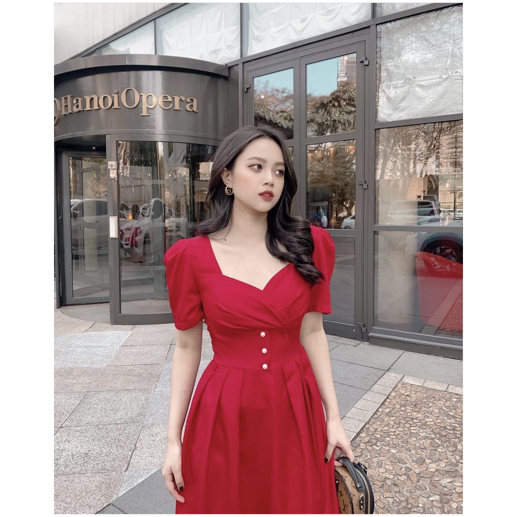 ĐẦM MIDI ĐỎ CỔ TIM NGỰC XẾP ĐÍNH 3 HẠT