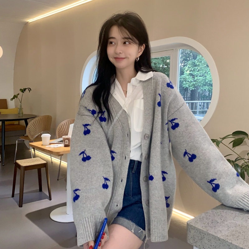 Cardigan họa tiết cherry anh đào màu / xanh biển chất mịn