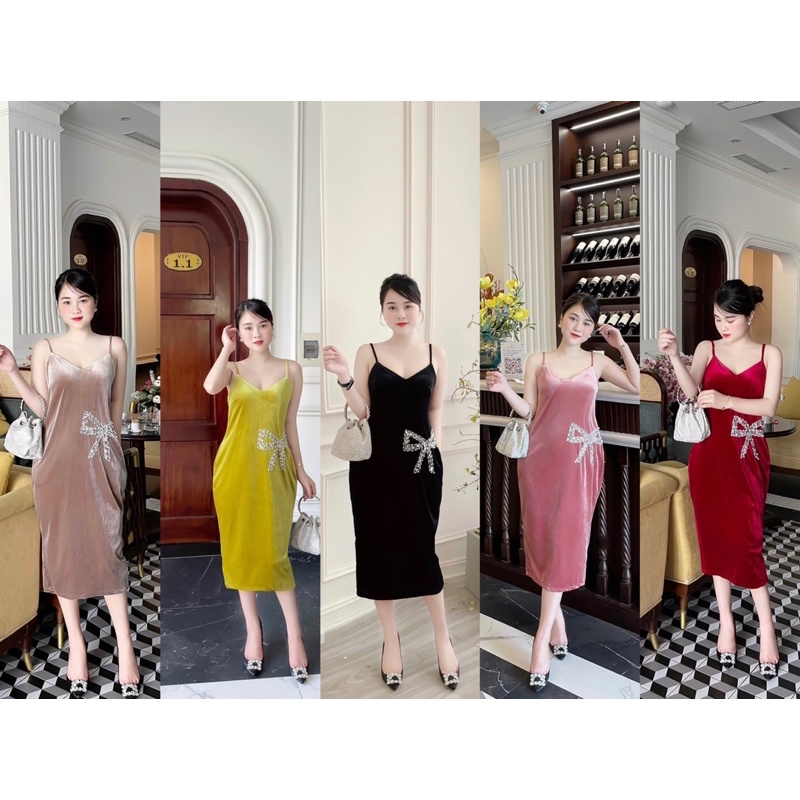 Váy 2 dây nhung đính nơ đá sườn, đầm nhung cao cấp