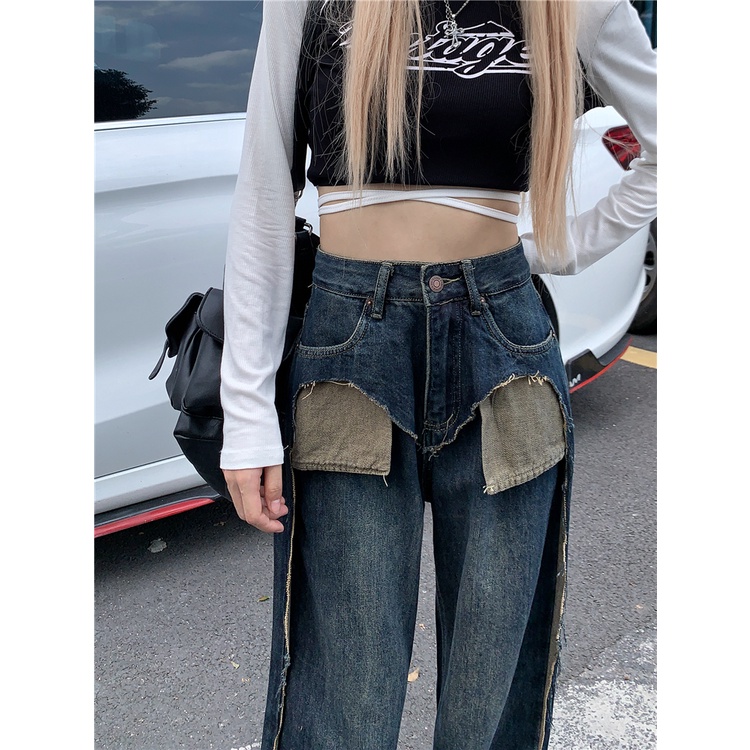 QADCOL Thiết Kế Với Túi Quần Jean Ống Rộng Thẳng Lưng Cao Phối Màu Tương Phản Cho Nữ