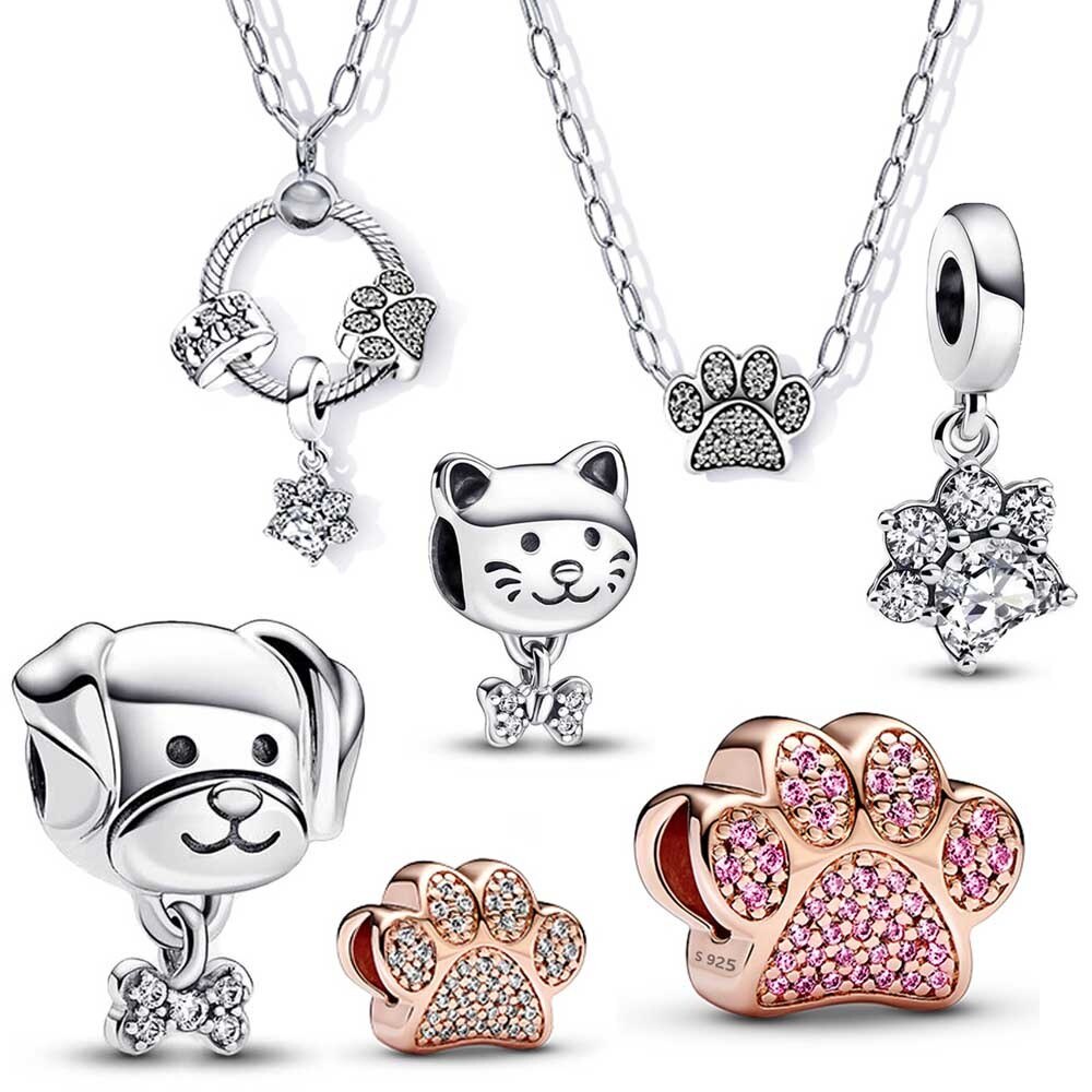 Chuỗi Hạt Đeo Tay Pandora Hình Dấu Chân Chó Mèo Lấp Lánh Màu Bạc Làm Trang Sức DIY
