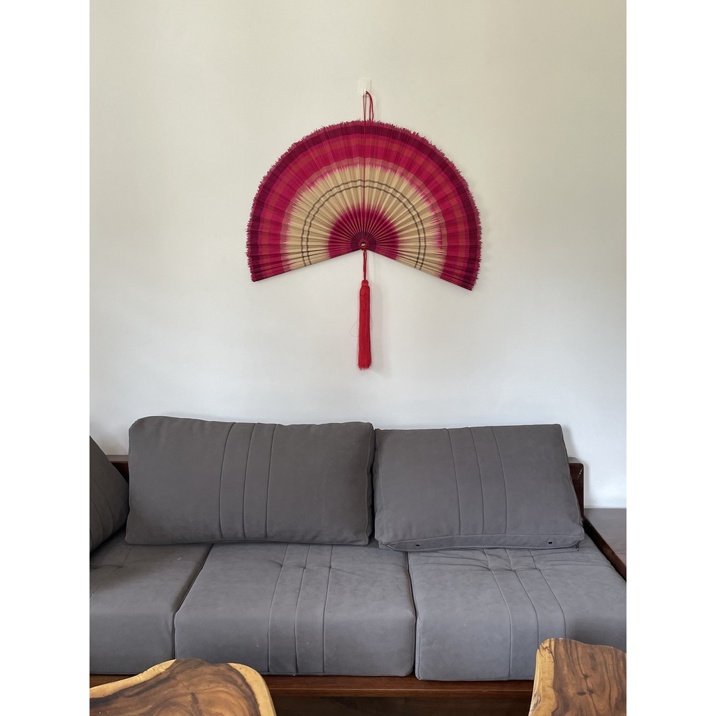 Quạt mành tre treo tường trang trí, quạt decor màu nhúng đỏ 2 đầu size,60cm, 80cm 100cm