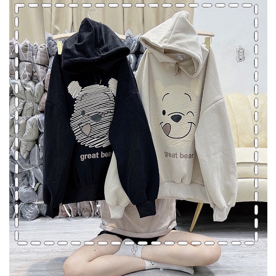 Áo hoodie nỉ bông Gấu kẻ sọc tay bồng form rộng mũ 2 lớp chất dày dặn