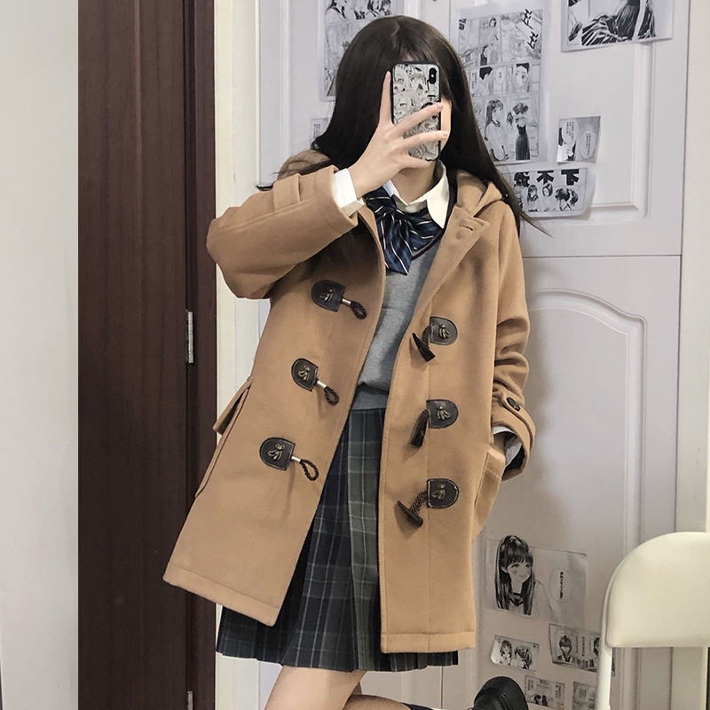 Jk Girls Preppy Áo Khoác Len Đen Dài Ngang Gối Có Mũ Trùm Cài Nút Sừng Phong Cách Preppy Mùa Đông