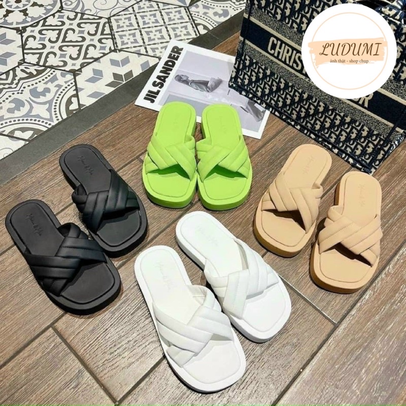 Dép xuồng quai xoắn phồng da mờ -đế bằng cao 3cm LUDUMI