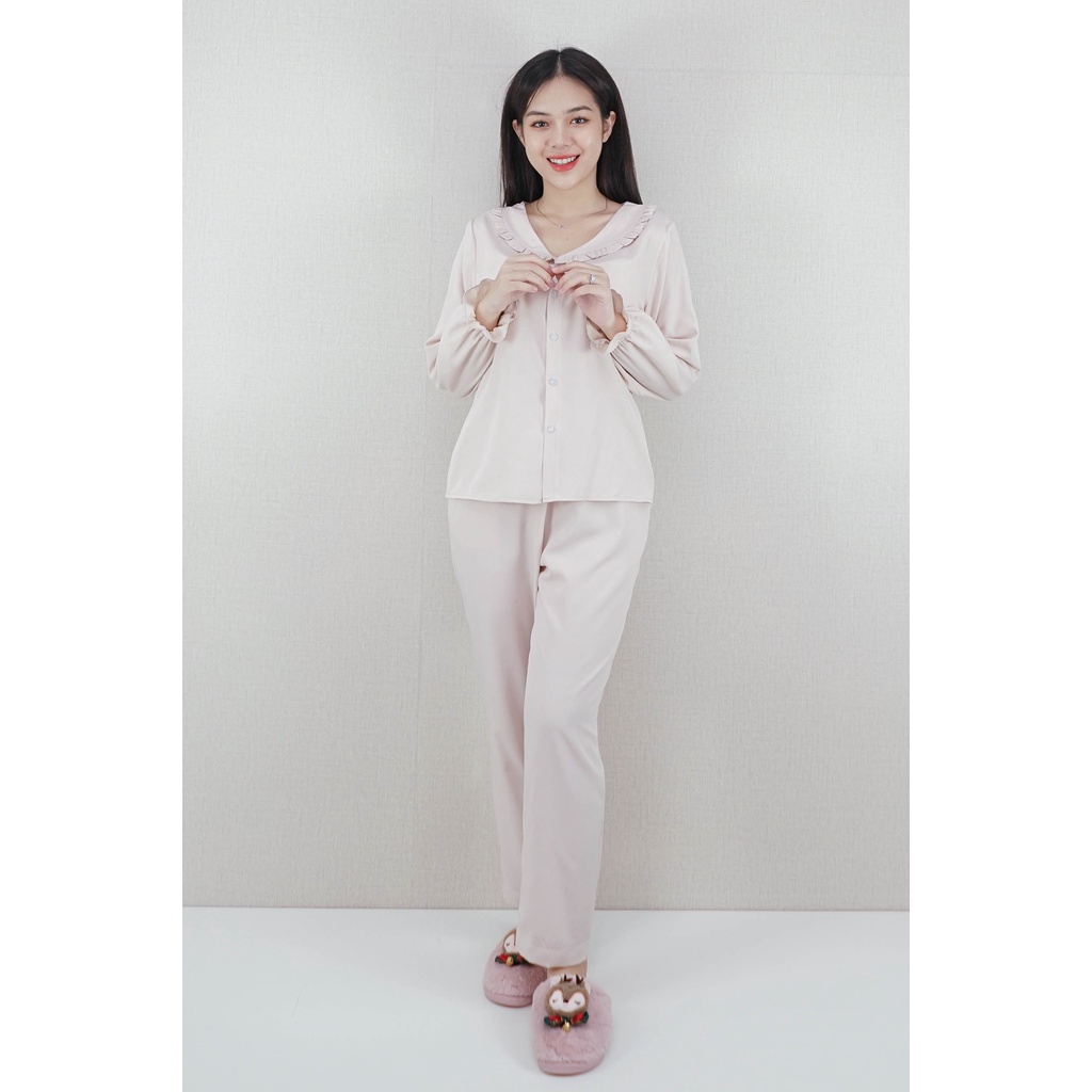 Bộ đồ Pijama nữ Quần dài  tay dài  MÀU KEM ĐẬM CỔ SEN BÈO - vải lụa pháp cao cấp - Cực Kì dễ thương