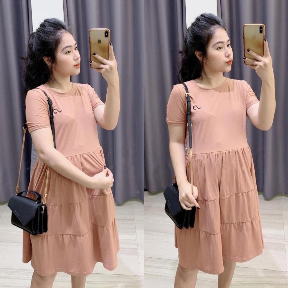 Váy bầu cotton mùa hè, dáng xòe tầng cho mẹ bầu, thêu họa tiết nốt nhạc