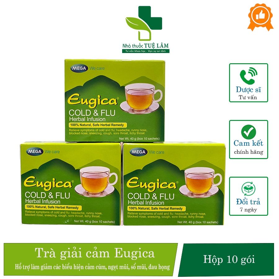 Trà giải cảm Eugica Cold & Flu Mega hộp 10 gói giúp làm giảm các biểu hiện cảm, cảm cúm, đau đầu, hắt hơi, sổ mũi