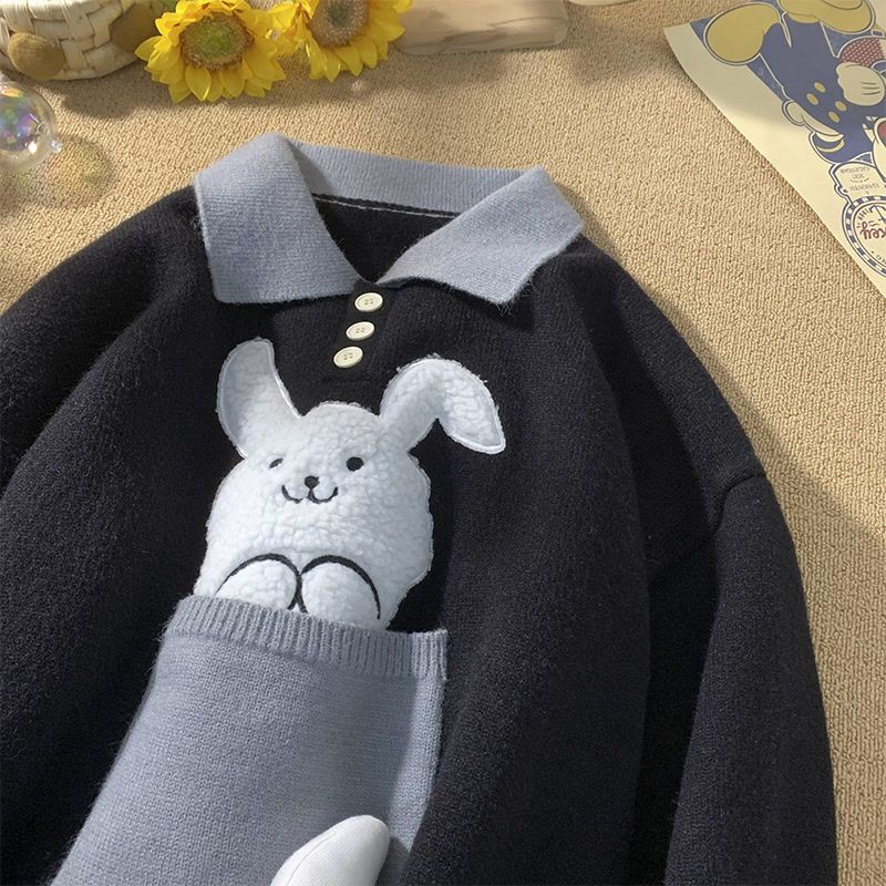 Áo Sweater Cổ Polo Họa Tiết Hoạt Hình Phong Cách Hong Kong Cho Cặp Đôi