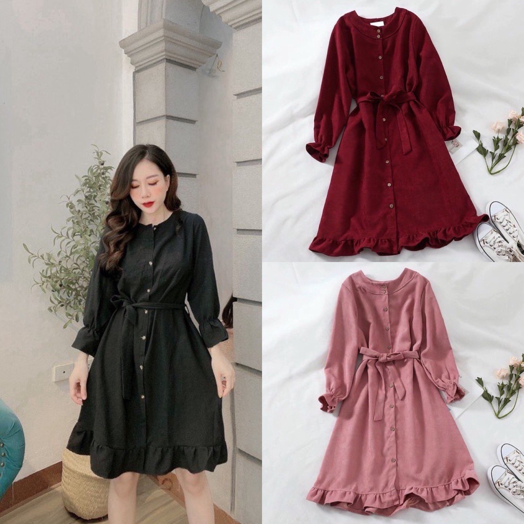 Đầm tiểu thư cổ đức - Váy dự tiệc chất nhung tăm cúc dọc thắt dây dáng dài thanh lịch
