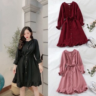 Đầm tiểu thư cổ đức - Váy dự tiệc chất nhung tăm cúc dọc thắt dây dáng dài thanh lịch