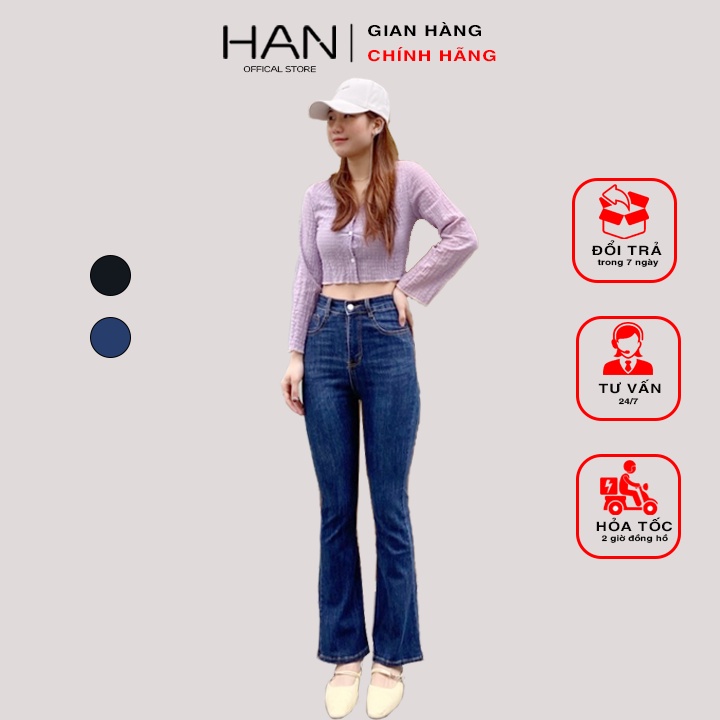 Quần Jean Ống Loe HAN Lưng Cạp Cao 1 Cúc 2 Màu Đen Nâu