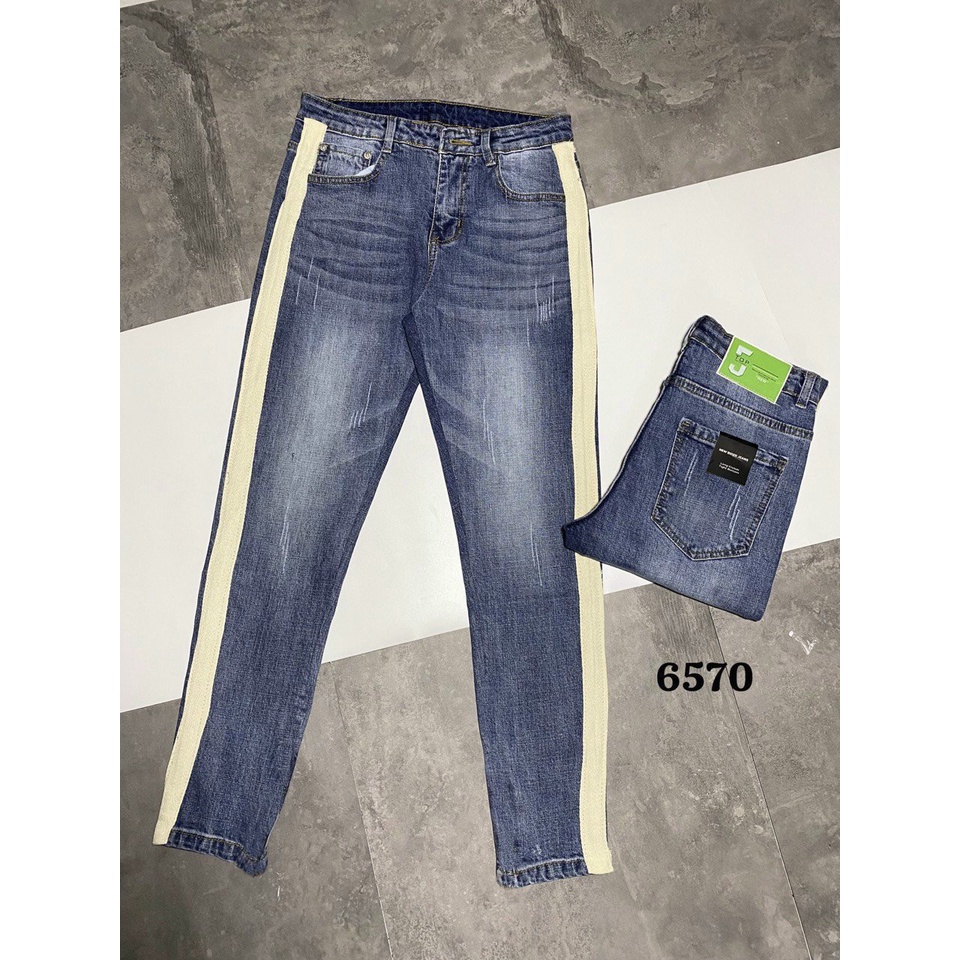 Quần jean nam đen trơn phối sọc chất bò co dãn form dáng body cao cấp AHFASHION