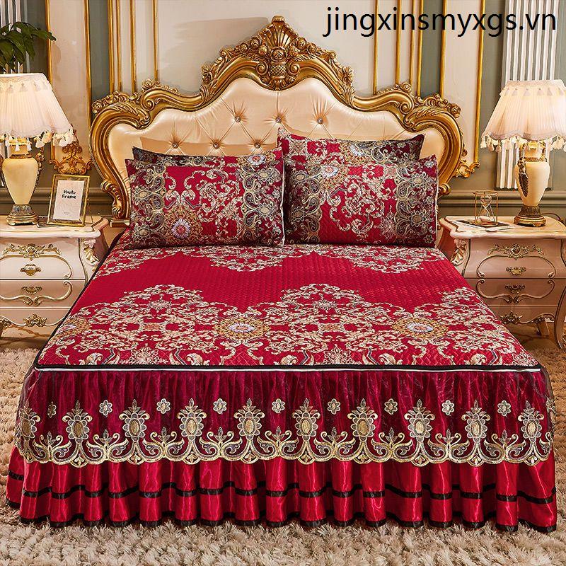 Bộ Ga Trải Giường 1.2m 2m Chất Liệu Lụa Phối Ren Phong Cách Châu Âu