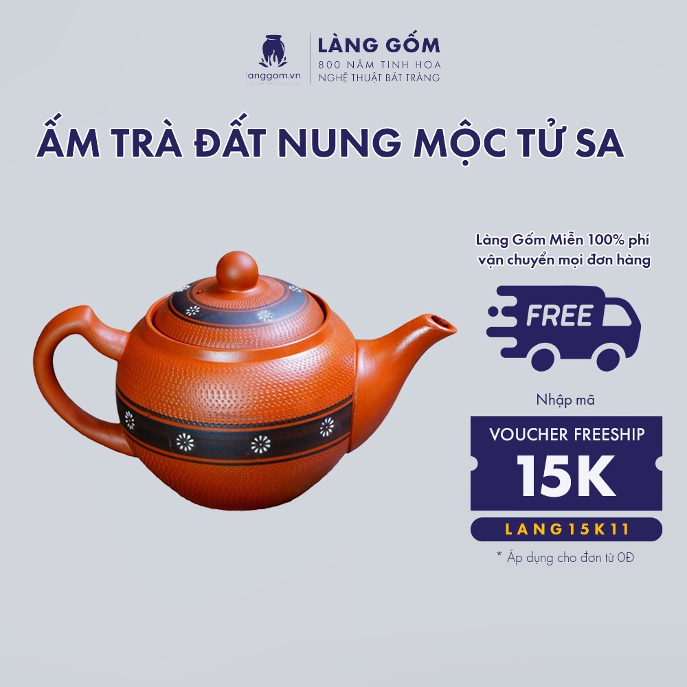 Ấm trà đất nung Mộc Tử Sa màu đỏ họa tiết hoa ban, gốm sứ Bát Tràng cao cấp - LÀNG GỐM (hàng thanh lý bán lẻ)