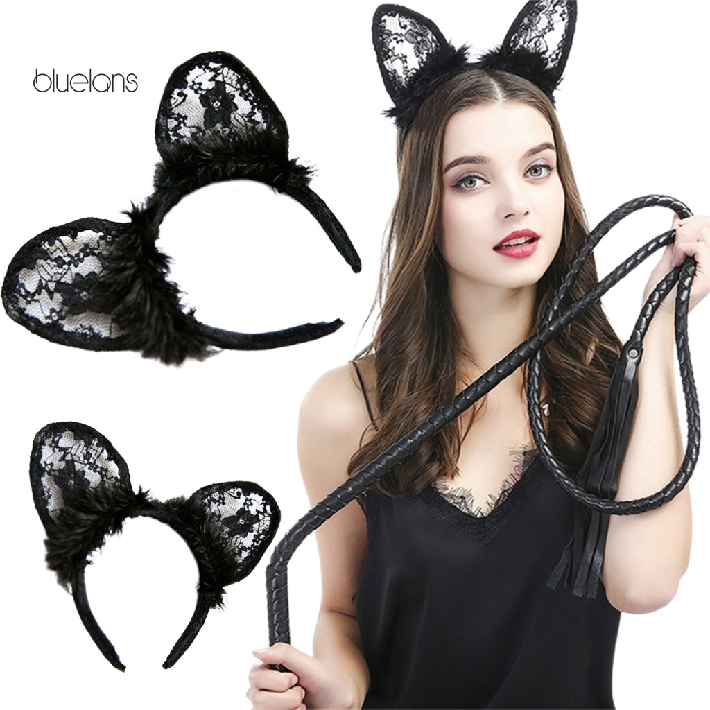 Băng Đô Cài Tóc Hình Tai Mèo Bằng Ren Màu Đen Gợi Cảm