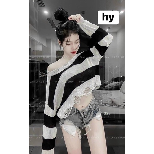 ÁO LEN TAY DÀI DÁNG CROPTOP HOẠ TIẾT SỌC RÁCH KIỂU
