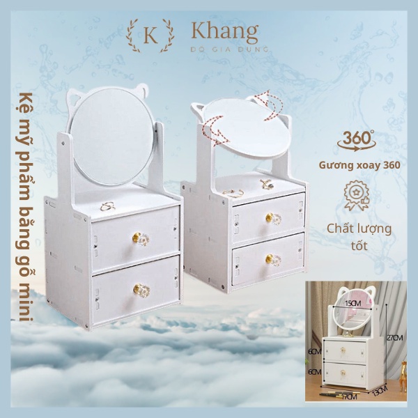 Kệ mỹ phẩm tai mèo màu trắng 2 ngăn kéo - Tủ đựng đồ trang điểm mini có gương tự lắp ráp