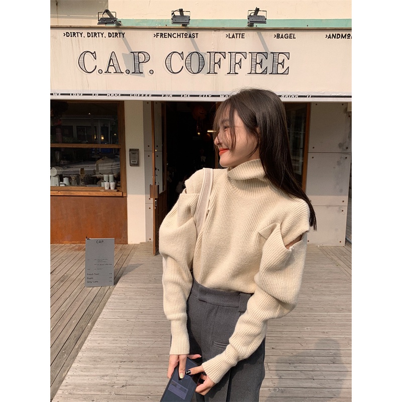 ZHELIHANGFEI Áo Len Tay Dài Cổ Cao Form Rộng Kiểu Dáng Ngọt Ngào