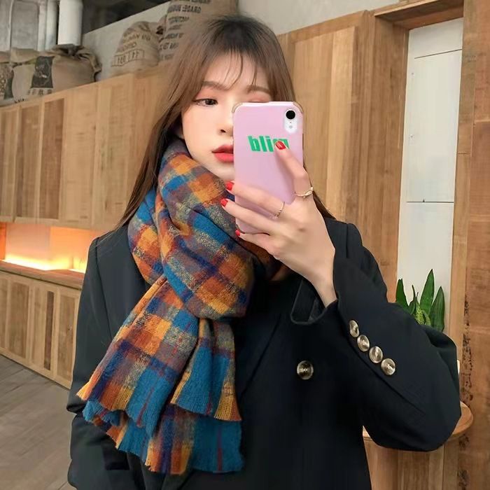 Khăn Choàng Cổ Dệt Kim Dày Dặn Họa Tiết Kẻ Sọc Kiểu Retro Hàn Quốc Thời Trang Thu Đông Cho Nữ