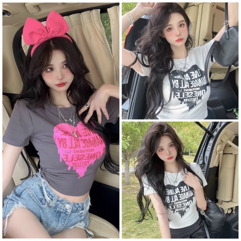 Áo croptop nữ ôm body cổ tròn tay ngắn phong cách hàn quốc in hoạ tiết trái tim lửa