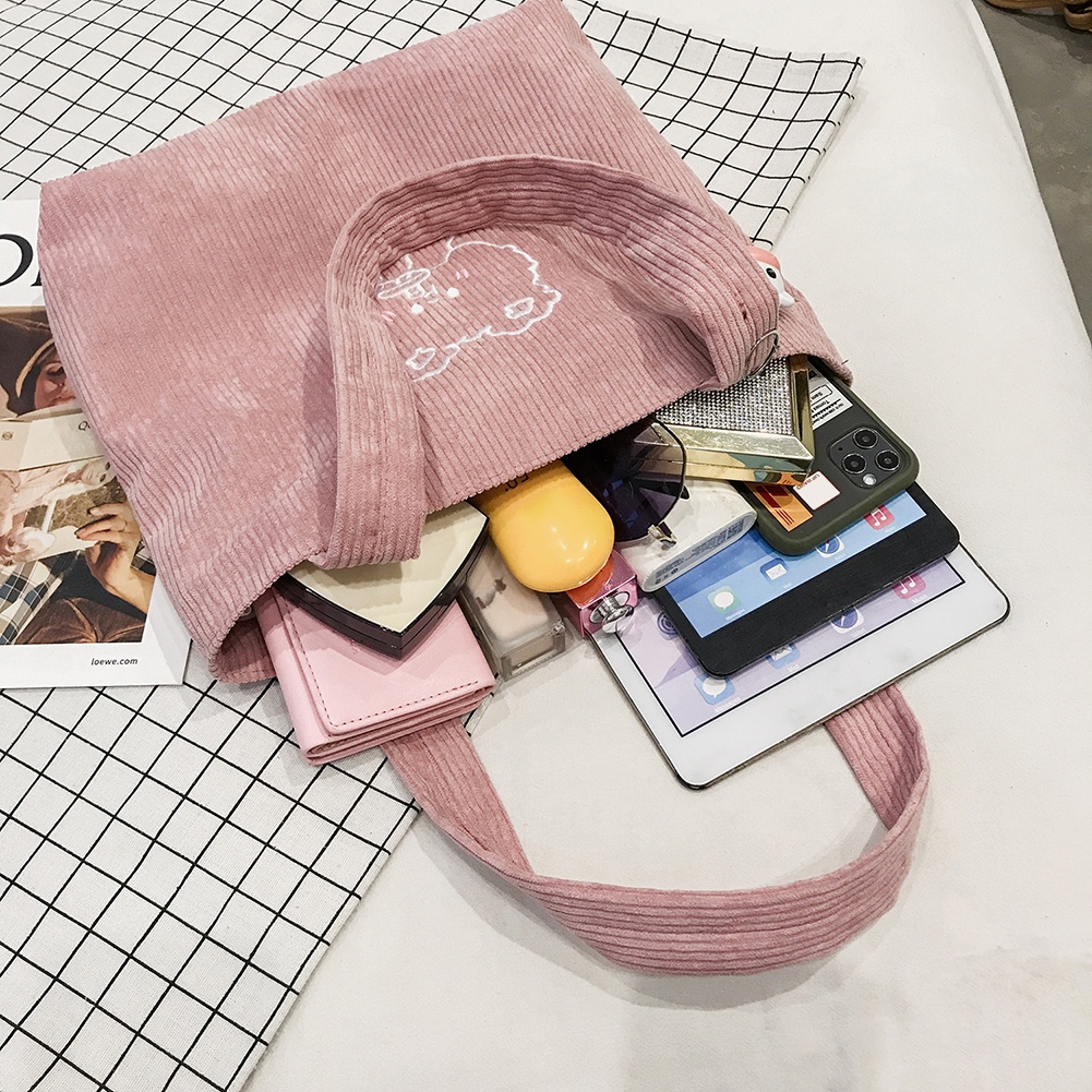 Túi tote vải corduroy in họa tiết chú gấu xinh xắn cho nữ