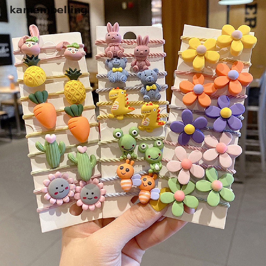 Set 10 Dây Cột Tóc Co Giãn Đính Hoa / Trái Cây Dễ Thương Cho Bé Gái